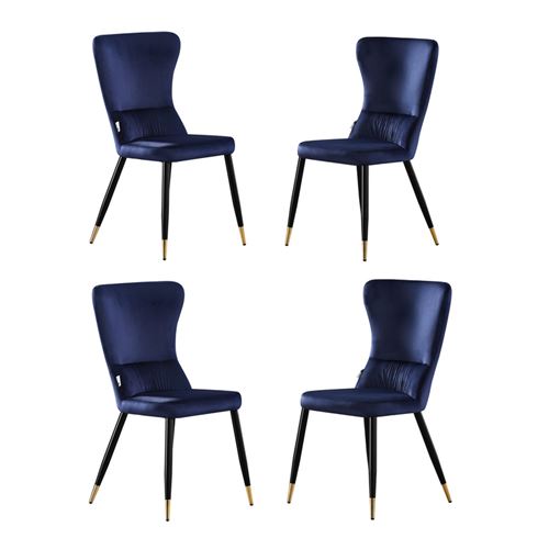 CHARLY Lot de 4 Chaises Rétro en Velours Bleu avec Pieds Coloris Noir & Doré - Style Design & Vintage - Salle à Manger, Cuisine, Salon