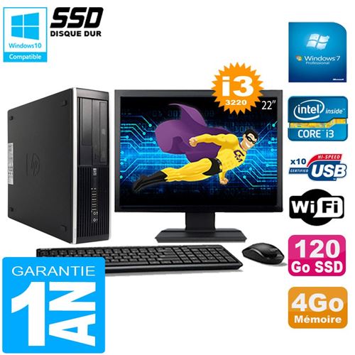 Pc hp compaq pro 6300 sff i3-3220 4go 120go ssd graveur dvd wifi w7 ecran 22'