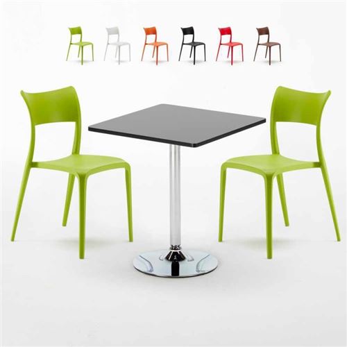 Table Carrée Noire 70x70cm Avec 2 Chaises Colorées Set Intérieur Bar Café Parisienne Mojito, Couleur: Vert