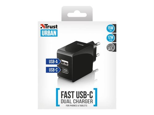Trust Fast Dual - Netspanningsadapter - 17 Watt - 3 A - 2 uitgangsaansluitingen (USB, USB-C)