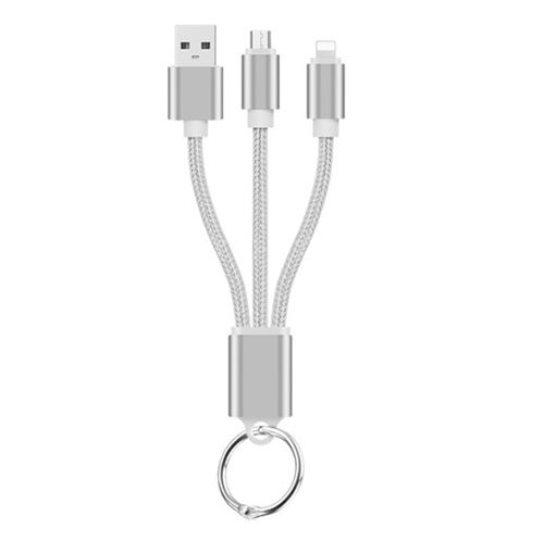 Cable Chargeur 2 en 1 Porte-clefs pour IPHONE Xr Android & Adaptateur Micro USB Lightning Metal Nylon (ARGENT)