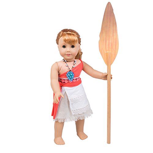Dolly Moana Dress Up - Inspired Doll Outfit - American Girl Fits - 5pc Clothes Set Include Skirt, Top, Necklace, Paddle and Scarf