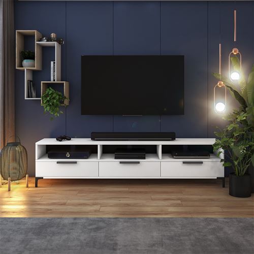 Meuble tv - RIKKE - 160 cm - blanc mat / blanc brillant