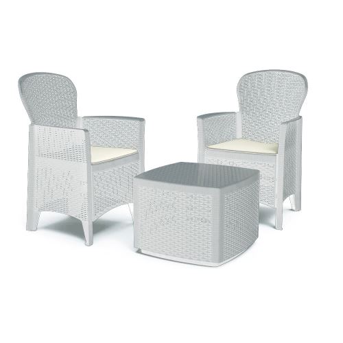 Set Salon en résine rotin table basse fauteuils coussins blanc TREC08BI