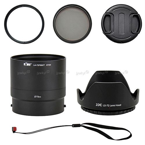 Kit Nikon Coolpix P600 Adaptateur Filtre 72mm UV CPL Pare-Soleil Capuchon