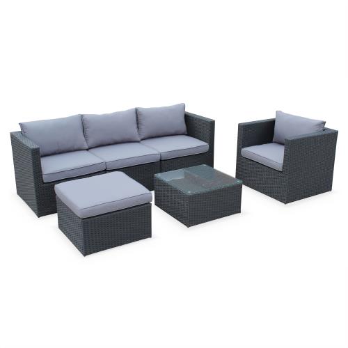 Salon de jardin résine tressée - Benito Noir et Gris - Coloris noir coussins gris structure aluminium canapé d'extérieur 6 éléments 5 places