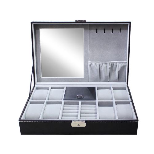 Todeco - Sieradenhorlogebox, Horloge sieraden vitrine, 8 horloges, sieraden en spiegel, Grijs, Grootte: 30 x 20 x 8 cm