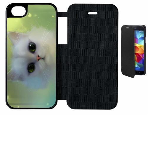 Etui À Rabat Flip Flap Apple Iphone 5s Chat Blanc Yeux Emeraude