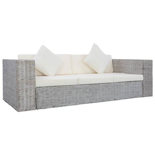 vidaXL Canap&eacute; &agrave; 3 places avec coussins Gris Rotin naturel 