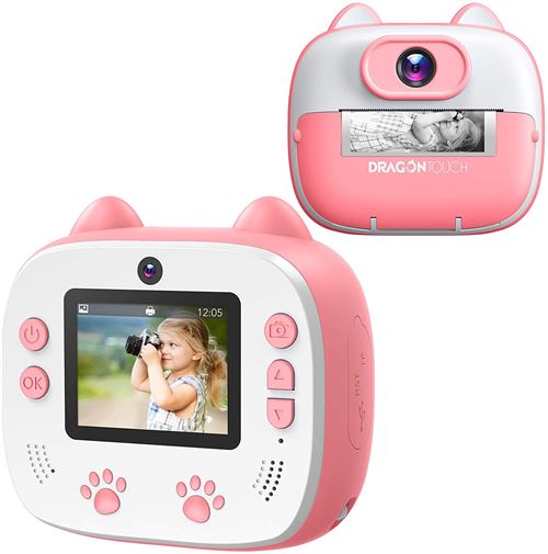 Appareil photo Dragon Touch InstantFun2 à double objectif pour enfants - fonction d'impression instantanée - Rose
