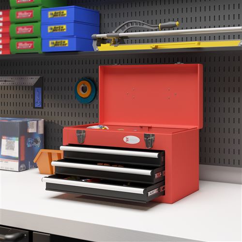 DURHAND Boîte à outils métallique coffret caisse outils métal 3 niveaux 5  plateaux rétractables acier 57 x 21 x 41 cm rouge