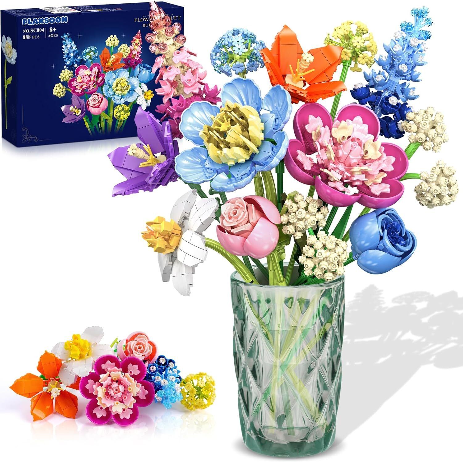 Plaxsoon Jouet de Construction Bouquet de Fleurs 888 pcs, Collection Botanique, Plante d'Intérieur, Décoration de Fleurs Artificielles, Cadeau
