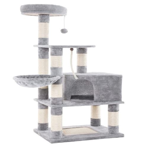 Meilleurs prix pour Arbre à Chat Multi-Niveaux avec Hamac, Niche et Jouet poteaux en sisal - 55*40*138cm Gris Clair