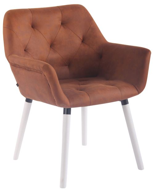 Chaise de Salle à manger Cassidy en Similicuir Vintage - Chaise de coiffeuse avec accoudoirs - Piètement Bois de Hêtre Blanc - Couleur Marron