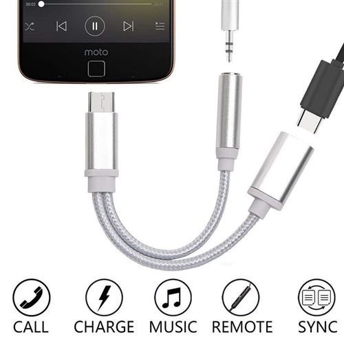 Adaptateur Type C/Jack pour XIAOMI Mi 8 Smartphone Chargeur Ecouteurs 2 en 1 Casque (ARGENT)