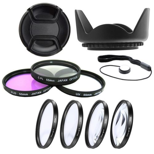 Kit 55mm 7 Filtres: UV CPL FLD + 4 Macro Close-Up, Pare Soleil + Lens Cap et Cap keeper pour Sony DSLR Alpha A200 A300 A350 A33 A35 A55 A58 A65 A77