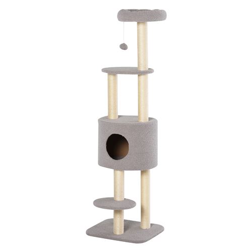 Arbre à Chats avec Griffoir Niche Poteaux Peluche Haute Densité 45L x 40L x 148H cm Gris