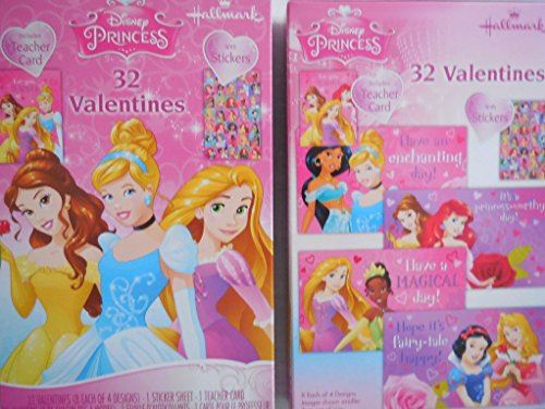Hallmark Disney Princess - 32 Valentine Cards, One (1) Sticker and One (1) Teacher Card