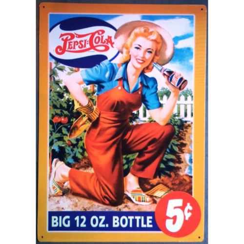 plaque pepsi cola big 12 oz avec pin up blonde au jardin usa