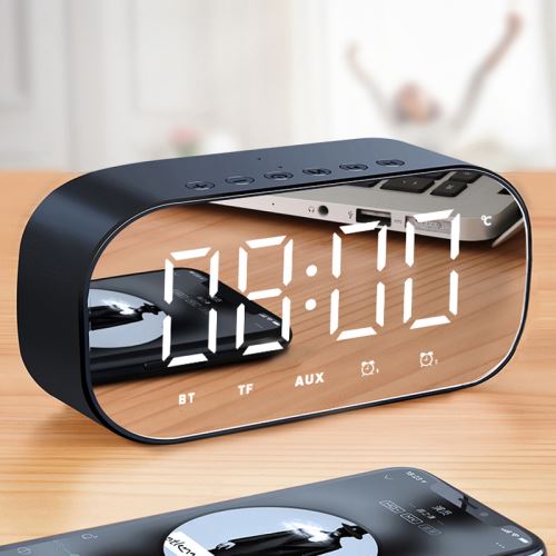 Haut-parleur Bluetooth avec radio FM LED Mirror Alarm Clock Subwoofer Music Player (Noir)