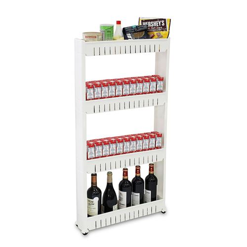 Étagère à Roues, Meuble de Rangement avec Roues, 4 compartiments, 112 x 54 x 12 cm, Blanc, Matériau: Plastique, Polypropylène