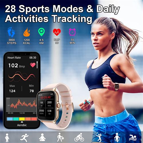 Montre connectée femme, bracelet connecté avec fréquence cardiaque,  podometre, écran tactile, suivi de performance - android, ios