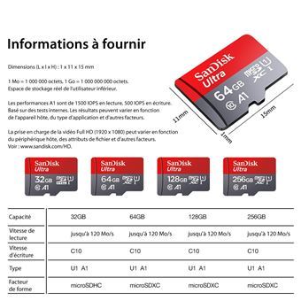 Carte Micro TF SD classe 10 HDME SanDisk 64 G - originale, carte
