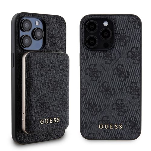 Guess Bundle Pack MagSafe 4G Metal Gold Logo - Ensemble coque + Power Bank 5000mAh MagSafe iPhone 15 Pro Max (noir)