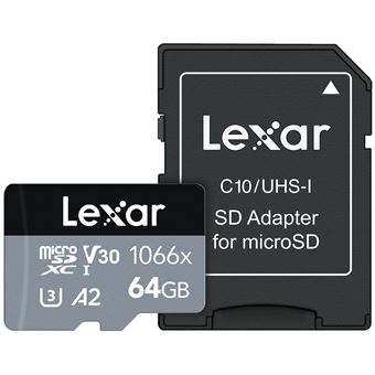 Carte MicroSDXC Lexar 1066x - 64Go - Class 10, U3, V30, A2 - Adaptateur inclus - Noir et Grise