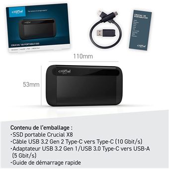 Disque SSD externe portable Crucial X8 USB 3.2 2 To Noir - SSD