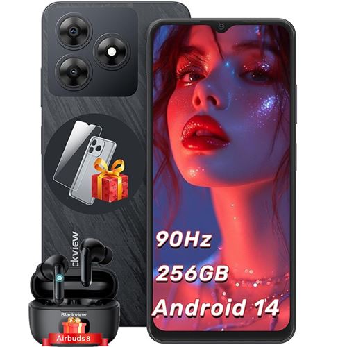 Blackview WAVE 8 Téléphone Portables 6.56 Android 14 ROM 256 Go Double SIM Noir avec Blackview Airbuds 8