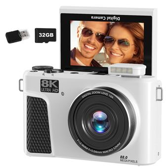 Appareil Photo Numérique SZSMART WD3 8K 88MP Autofocus Vlogging avec WiFi, Écran Flip 180° 3" et Zoom 18X 32GB - Blanc - 1