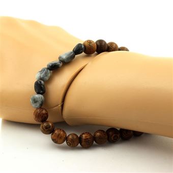 Bracelet Pierre De Lune Inde & Onyx Noir & Bois - 8 Mm - Fabriqué Main - Neuf Avec Étiquettes