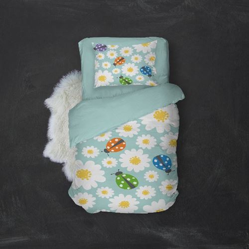 HOMEMANIA Pack oreiller et couette Daisy 2 - Bleu, blanc, jaune - 155 x 210 cm