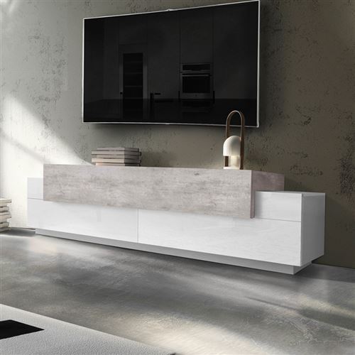 Meuble TV Design 3 Compartiments Blanc Gris Ciment Corona Low Bronx