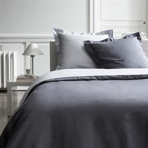 Parure housse de couette bicolore + taies 100% percale de coton zinc/canon de fusil 260x240cm AQUARELLE