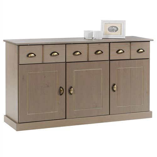 Buffet PARIS en pin massif, 3 portes et 3 tiroirs, lasuré taupe