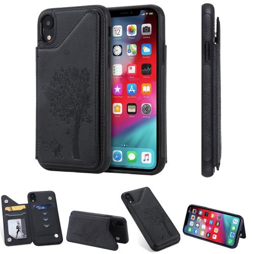 Coque en TPU + PU arbre à chat avec fente pour carte noir pour votre Apple iPhone XR 6.1 pouces
