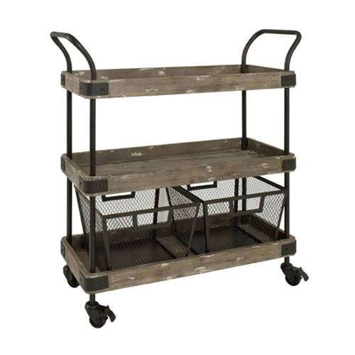 Desserte roulante rectangulaire 3 niveaux + 2 paniers bois et H96cm BALI