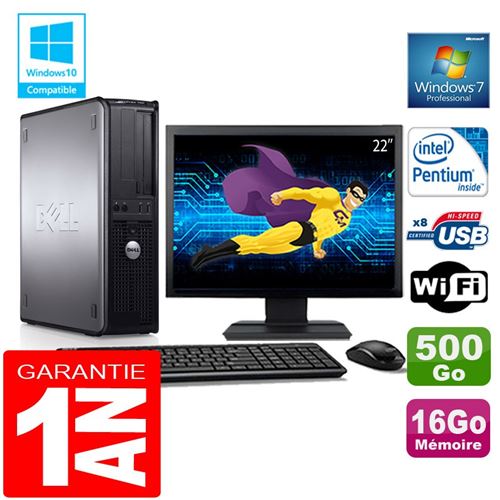 PC Dell 780 Dt Intel E5300 Ram 16Go Disque 500 Go WiFi W7 Ecran 22'