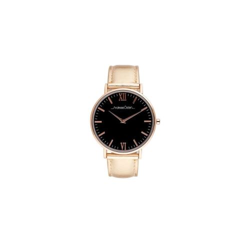 Montre Femme Andreas Osten Cadran 40mm En Steel Noir Et Bracelet Doré En Cuir AO-187