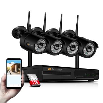 Jennov Kit De Video Surveillance Sans Fil Hd 1080p Wifi Systeme De Securite Camera De Surveillance 4ch Wifi Nvr Dvr Et 4pcs Ip Cameras Exterieures Interieures Ip66 Etanche 1tb Disque Dur Inclus Equipements