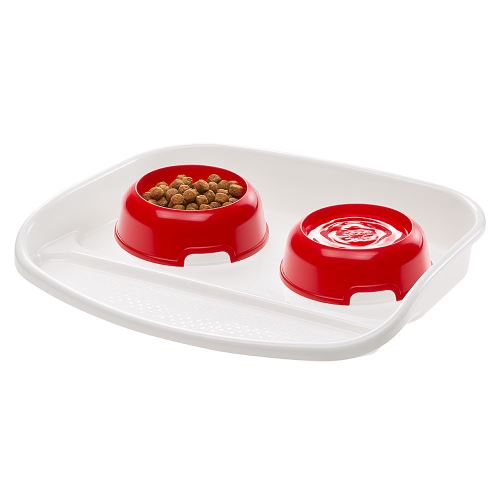 Ferplast Plateau avec écuelles pour chats et chiens LINDO Double écuelle pour animaux, base en plastique résistant, pieds anti-dérapant, 2 écuelles incluses capacité 0,l litres, 44.5 x 34 x h 7 cm Rouge