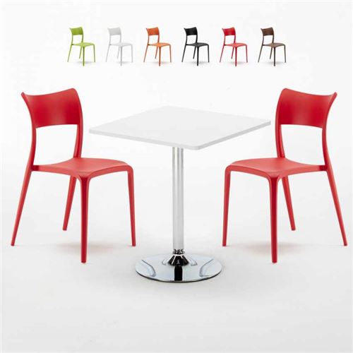 Table Carrée Blanche 70x70cm Avec 2 Chaises Colorées Set Intérieur Bar Café Parisienne Cocktail, Couleur: Rouge