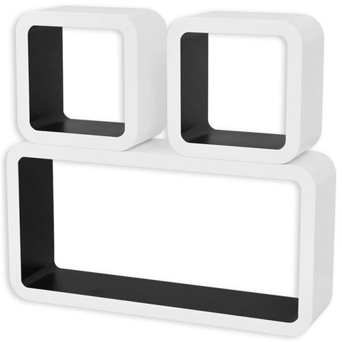 3 Etagères cubes murales et en MDF Blanc-Noir pour DVD/Livres