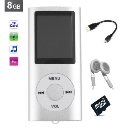Lecteur MP3 MP4 - radio fm - à carte mémoire Micro sd - Gris + carte 8 Go