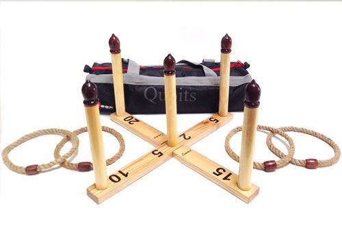 Wooden Quoits Set - Quoits is a fantastic outdoor garden game featuring a beautifully varnished wooden frame with 5 wooden target stems and 4 choir rope quoits in a canvas storage bag. Also known as Qouits, Quits and Qoits.
