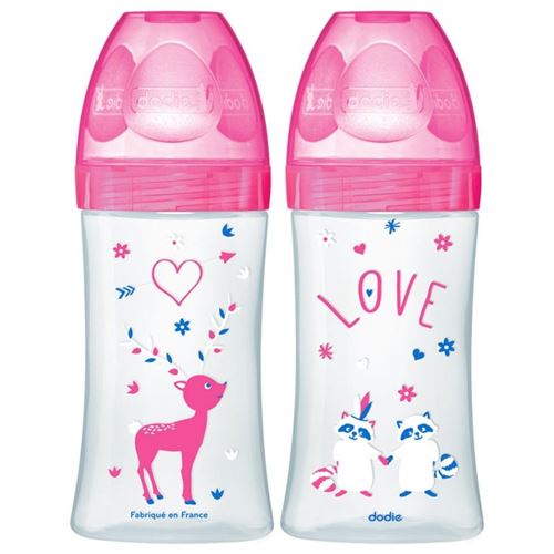 Dodie coffretx2 biberons sensation+ 270ml fushia love 0-6 mois tétine plate débit 2