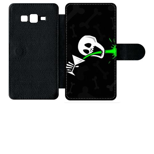 Etui À Rabat Samsung Galaxy Grand Prime G5306 Tete De Mort Qui Boit Fond Noir