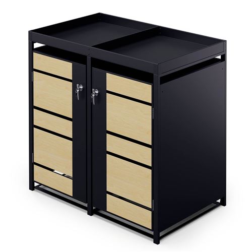 Conteneur à Poubelles Blumfeldt BinSafe 2 poubelles 240 L verrouillable végétalisé en acier galvanisé Noir et Bois Nature